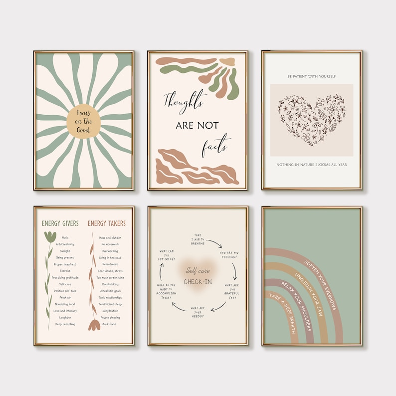 May include: Set of six printable wall art prints with motivational quotes and illustrations in a minimalist style. The prints feature a green and brown color scheme with abstract shapes and floral designs. The quotes include "Focus on the good", "Thoughts are not facts", "Be patient with yourself", "Nothing in nature blooms all year", "Self-care check-in", and "Soften your eyebrows, unclench your jaw, relax your shoulders, take a deep breath".