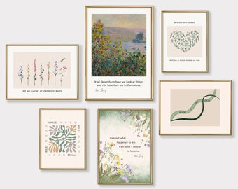 Puede incluir: Un conjunto de seis impresiones enmarcadas con citas inspiradoras y diseños florales. Las impresiones presentan citas de Carl Jung, incluyendo "Todos crecemos a ritmos diferentes" y "Todo depende de cómo miramos las cosas, y no de cómo son en sí mismas."