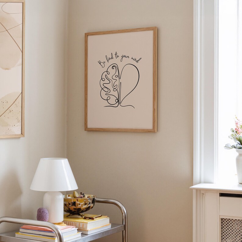 Be Kind to Your Mind, Mental Health Poster Black, Therapy Office Decor, Psychology Art Print, Brain Health, Mindfulness Poster image 2