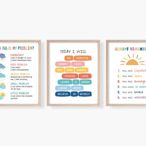 Pode incluir: Tr&ecirc;s cartazes coloridos imprim&iacute;veis com afirma&ccedil;&otilde;es positivas para crian&ccedil;as. O primeiro cartaz &eacute; intitulado "How Big Is My Problem?" e apresenta uma escala de tamanhos de problemas com ilustra&ccedil;&otilde;es correspondentes. O segundo cartaz &eacute; intitulado "Today I Will" e apresenta uma lista de afirma&ccedil;&otilde;es positivas. O terceiro cartaz &eacute; intitulado "Always Remember" e apresenta uma lista de afirma&ccedil;&otilde;es positivas sobre a autoestima.