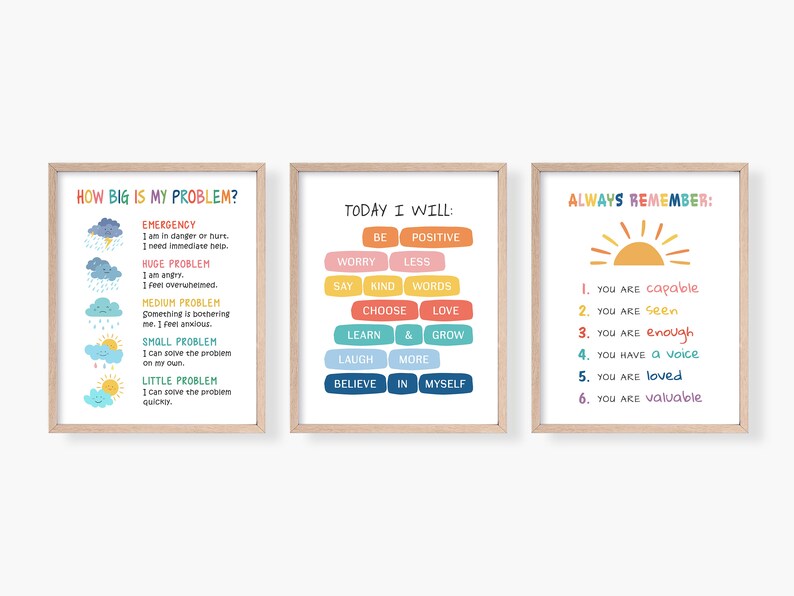 Pode incluir: Tr&ecirc;s cartazes coloridos imprim&iacute;veis com afirma&ccedil;&otilde;es positivas para crian&ccedil;as. O primeiro cartaz &eacute; intitulado "How Big Is My Problem?" e apresenta uma escala de tamanhos de problemas com ilustra&ccedil;&otilde;es correspondentes. O segundo cartaz &eacute; intitulado "Today I Will" e apresenta uma lista de afirma&ccedil;&otilde;es positivas. O terceiro cartaz &eacute; intitulado "Always Remember" e apresenta uma lista de afirma&ccedil;&otilde;es positivas sobre a autoestima.