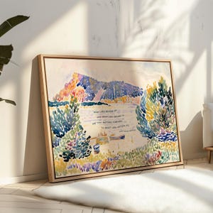 Puede incluir: Una pintura de acuarela enmarcada que presenta un paisaje colorido con monta&ntilde;as, agua y &aacute;rboles. La obra de arte incluye el texto: "WHAT LIES BEHIND US AND WHAT LIES BEFORE US ARE TINY MATTERS COMPARED TO WHAT LIES WITHIN US."
