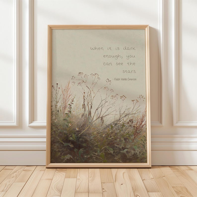 May include: A framed print with a naturalistic scene of tall grasses and wildflowers in shades of green and brown. The quote "When it is dark enough, you can see the stars" is displayed in a simple font, with the author's name below.
