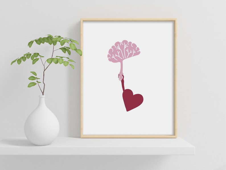 Puede incluir: Un &aacute;rbol rosa en forma de cerebro con ramas es sostenido por una mano que llega a un coraz&oacute;n rojo. La imagen est&aacute; sobre un fondo blanco.