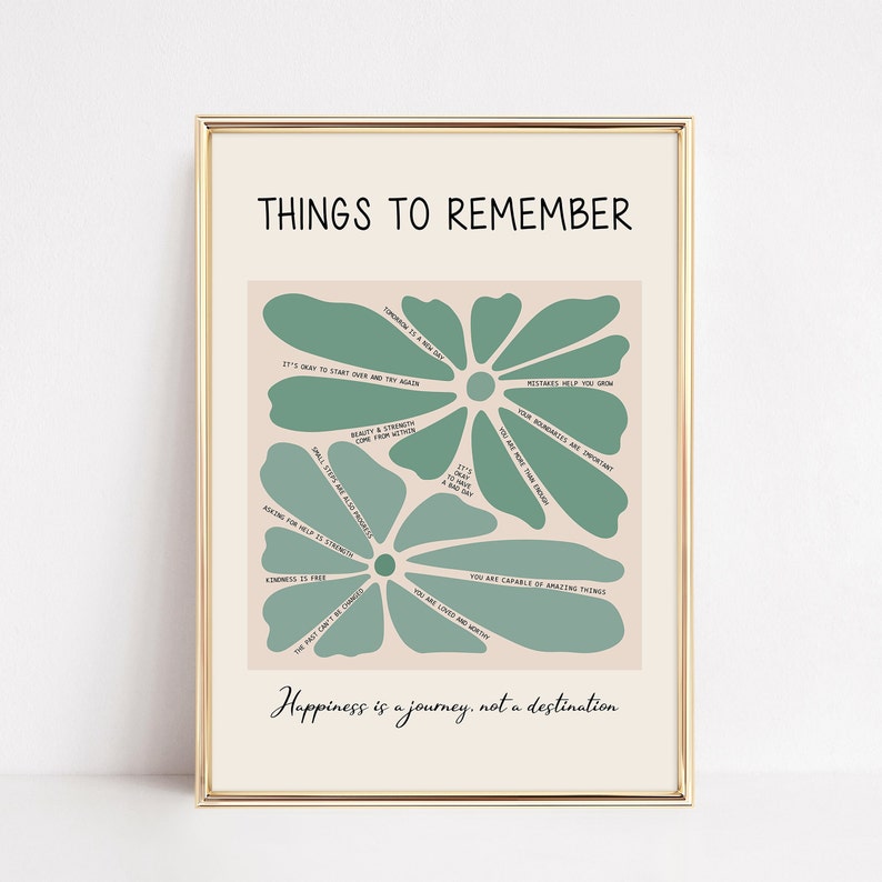 May include: A printable wall art poster with a light brown background and two green flower shapes. The poster features the text "Things to Remember" and a list of positive affirmations, including "Tomorrow is a new day", "It's okay to start over and try again", "Mistakes help you grow", "You are loved and worthy", "You are capable of amazing things", "Happiness is a journey, not a destination".