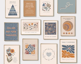 Mental Health Posters, 12 Prints for Therapy Office Decor, Motivational Wall Art Printable, Downloadable Prints,  Psychology Art