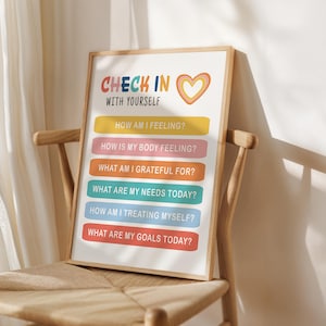 Check In with Yourself Poster, Mental Health Check in, Daily Checklist for Kids, Therapy Office Decor, School Counselor, Psychology