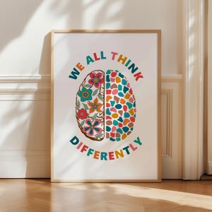 Neurodiversiteit poster, geestelijke gezondheid, veilige ruimte, wees lief voor je geest, Brain Art Print, ADHD kunst aan de muur, we denken allemaal anders