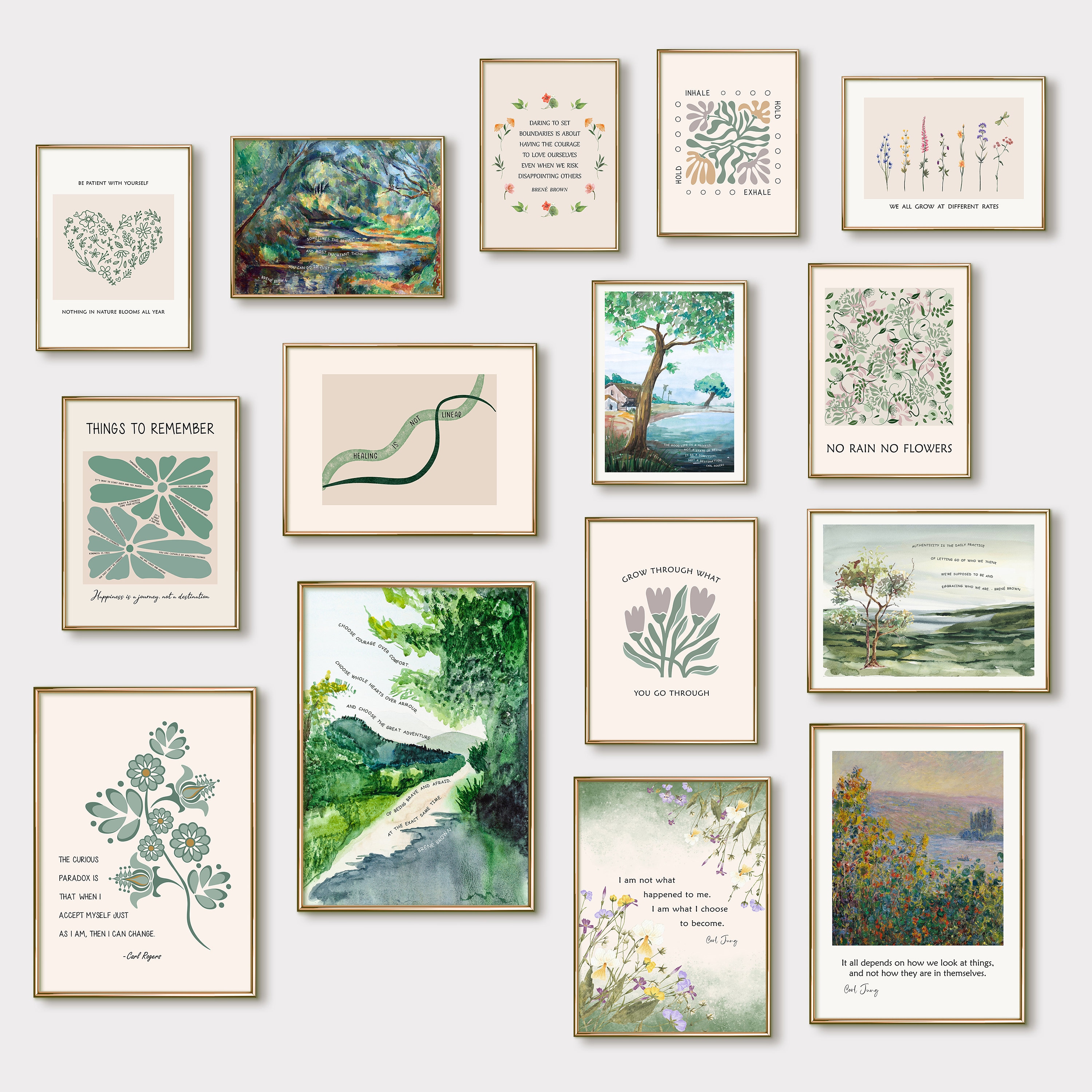 15 carteles de salud mental, impresiones de arte mural con citas de psicología, arte mural imprimible para decorar consultorios de terapia, citas de Brene Brown y Carl Rogers