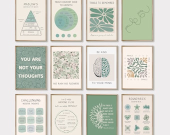 14 posters geestelijke gezondheid voor adviseursbureau, geestelijke gezondheid prints voor therapiekantoor decor, psychologie muur kunst wordt afgedrukt groen