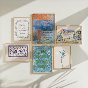 Mental Health Gallery Wall Art, 6 Inspirational Prints for Therapy Office Decor Blue, Mental Health Quotes, Brene Brown, Carl Rogers Sunset