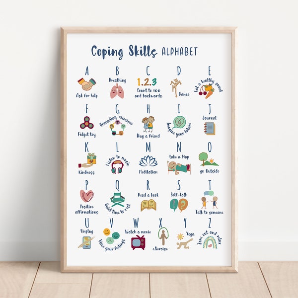 Coping Skills Alphabet Poster, School Counselor Office Decor, Self Care Art Print, Mental Health, CBT Digital Print, Grounding Technique