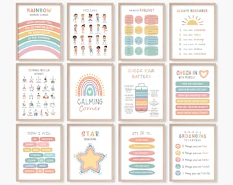 May include: A set of 10 printable posters with colourful illustrations and text. The posters are designed to help children with emotional regulation, coping skills, and mindfulness. The posters include titles such as "Rainbow Grounding Technique", "Feelings", "How Are You Feeling?", "Always Remember", "Coping Skills Alphabet", "Calming Corner", "Check Your Battery", "Check In With Yourself", "Today I Will", "Star Breathing", "It's Ok To", and "5-4-3-2-1 Grounding Technique".
