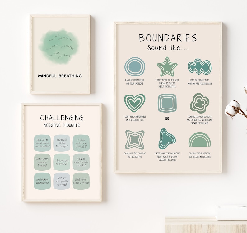 May include: Three printable posters with a beige background and green illustrations. The first poster says "Mindful Breathing" and has a green circle with the words "Take a breath, find your place, don't worry, it will pass, make love, find peace, be calm". The second poster says "Challenging Negative Thoughts" and has a grid of questions to help challenge negative thoughts. The third poster says "Boundaries Sound Like..." and has nine different green shapes with phrases about setting boundaries.