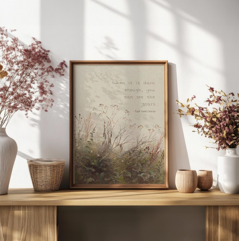 May include: A framed print with the quote, "When it is dark enough, you can see the stars." The artwork depicts a field of plants in muted tones. The frame is brown, and the print is displayed on a wooden shelf with decorative items, creating a calming aesthetic.