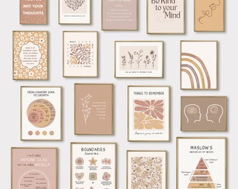 17 afdrukbare posters voor geestelijke gezondheid, psychologieafdrukken voor therapiekantoorinrichting, afdrukbare muurkunstset voor adviseurkantoor