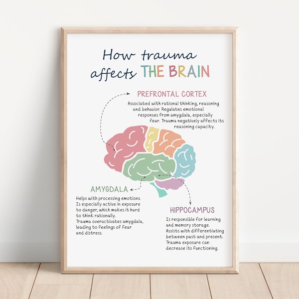 Come il trauma influisce sul cervello, trauma e cervello, anatomia del cervello, arredamento per ufficio terapeutico, modello cerebrale, stampa artistica di psicologia