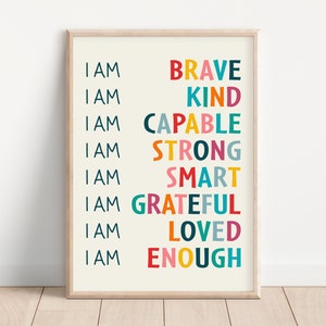 Affirmations Poster, Calm Corner, Mental Health Wall Art, Calm Classroom, Therapy Office Decor, Psychology Kids, I am Kind Smart Loved