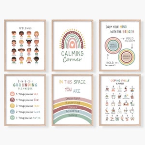 Psychology Bundle, Set of 6 Posters for Classroom Decor, Calming Corner, Coping Skills, Feelings for Kids, Grounding Technique