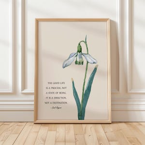 K&ouml;nnte beinhalten: Gerahmter Kunstdruck mit einer Aquarellillustration einer Schneegl&ouml;ckchenblume in Blau- und Gr&uuml;nt&ouml;nen. Der Druck enth&auml;lt das Zitat "The Good Life is a Process, Not a State of Being" von Carl Rogers. Der Rahmen ist hellbraun.