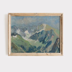 May include: A framed painting of a mountain range with a blue and green color scheme. The text "HEALING IS NOT LINEAR" is written across the mountains.