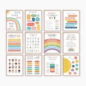 May include: A set of 10 printable posters with colourful rainbow designs and positive affirmations for children. The posters include phrases like "This is a safe space", "It's ok to...", "Believe in the power of yet", "Today I will", "Check in with yourself", "Coping skills alphabet", "Rainbow grounding technique", "What you say in here stays in here", "Feelings", "Growth mindset", "Check your battery", and "I cannot control".