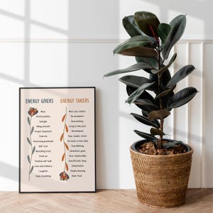 May include: A printable poster with a list of energy givers and energy takers. The poster is divided into two columns, with the left column listing energy givers and the right column listing energy takers. The poster is illustrated with stylized flowers.