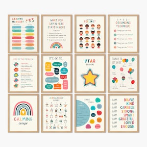 Mental Health Poster Bundle, Calming Corner for Kids, Set of 12 Prints for Therapy Office Decor, School Psychology, Coping Skills
