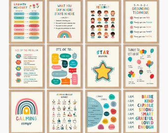 Mental Health Poster Bundle, Calming Corner for Kids, Set of 12 Prints for Therapy Office Decor, School Psychology, Coping Skills