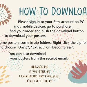 Puede incluir: Un fondo beige claro con formas abstractas marrones, azules y amarillas. El texto "HOW TO DOWNLOAD" est&aacute; en letras grandes, negritas y negras. El texto de abajo explica c&oacute;mo descargar los p&oacute;sters digitales comprados en Etsy. El texto incluye las palabras "compras", "descomprimir", "extraer", "descomprimir" y "correo electr&oacute;nico de recibo".