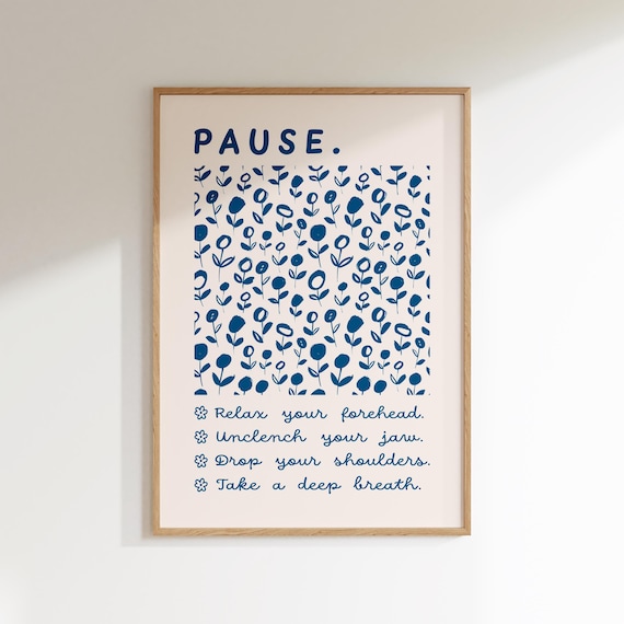 Grounding Technique Poster, Relax Sequence, Anxiety Grounding Print Blue, Therapy Office Decor, Stress Relief, Pause Print