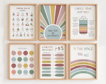 Mental Health Posters Bundle, Set of 6 Psychology Art Prints, Therapy Office Decor, Emotional Regulation, Coping Skills, School Psychologist