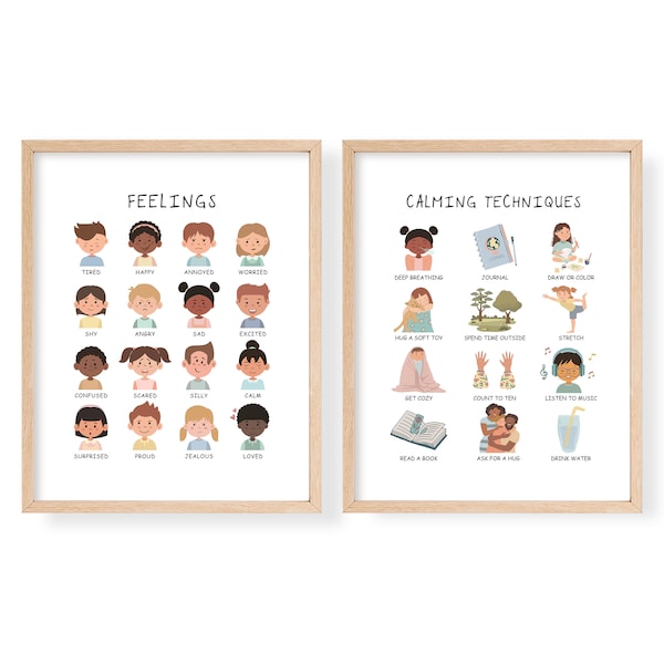 Feelings Poster, Emotions Chart für Kinder, Beruhigungstechniken, Calming Corner, Spielzimmer Wandkunst, Homeschool Decor, 2er Set Spielzimmer Drucke