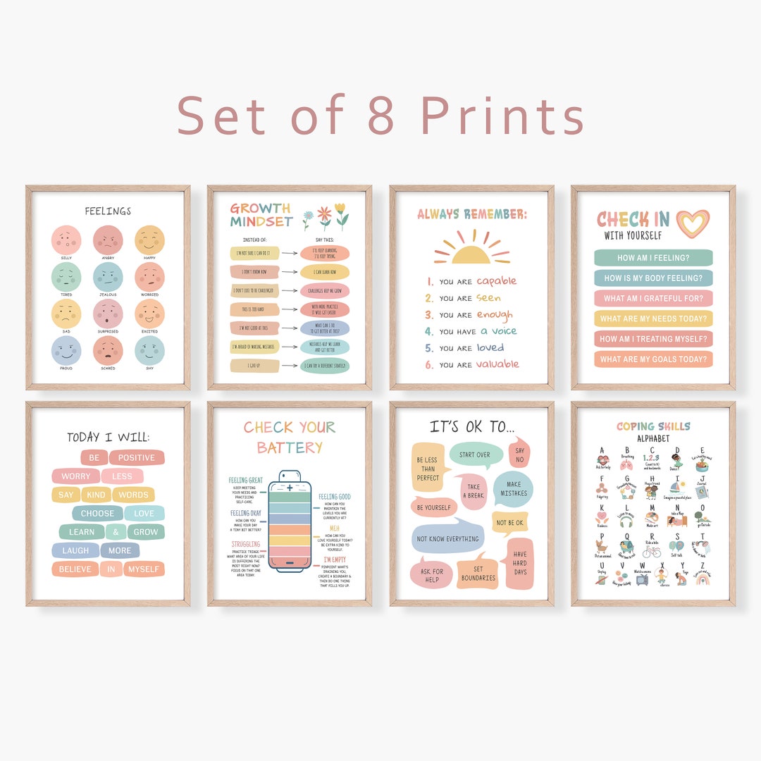 Set of 8 Psychology Prints for Kids, Coping Skills Poster, Feelings ...