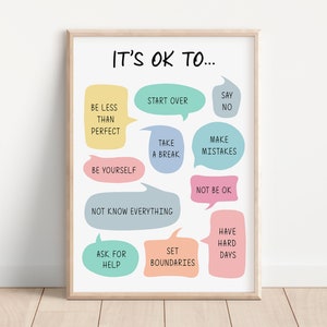 Mental Health Poster, Its OK to Not Be OK, Its Okay to Say No, to Make Mistakes, to Be Yourself, to Ask for Help, to Start Over
