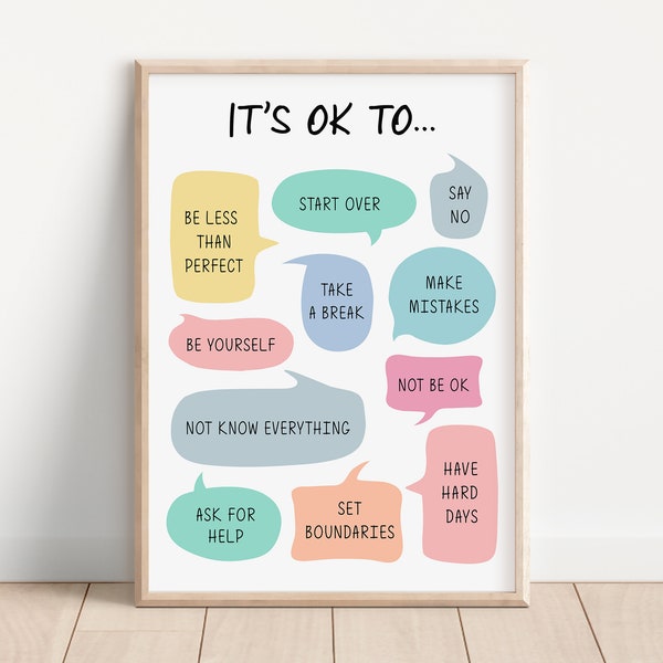 Mental Health Poster, Its OK to Not Be OK, Its Okay to Say No, to Make Mistakes, to Be Yourself, to Ask for Help, to Start Over