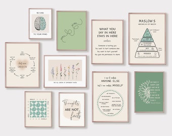 Juego de 10 carteles de salud mental para consultorios de terapia, impresiones artísticas de psicología, decoración de consultorios de consejeros, impresiones artísticas de pared
