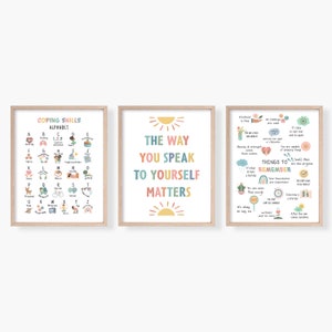 Carteles de salud mental, conjunto de 3 impresiones de psicología, habilidades de afrontamiento, afirmaciones positivas, decoración de la oficina de terapia, herramientas de consejero escolar