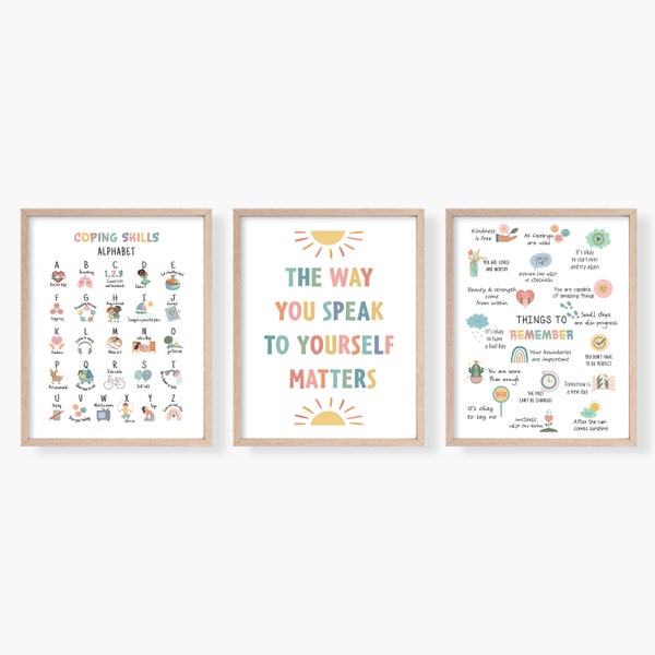 Mental Health Posters, Set of 3 Psychology Prints, Coping Skills, Positive Affirmations, Therapy Office Decor, School Counselor Tools