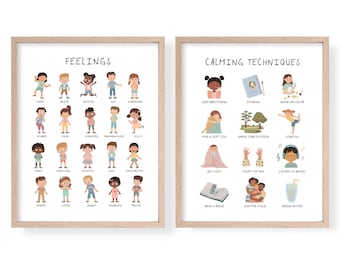 Calming Techniques and Feelings Poster, Montessori Homeschool Decor, Emotions Chart for Kids, Calm Corner Print, Playroom Wall Art