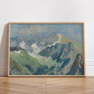 May include: A framed painting of a mountain range with a blue sky and white clouds. The text "HEALING IS NOT LINEAR" is written across the mountains.
