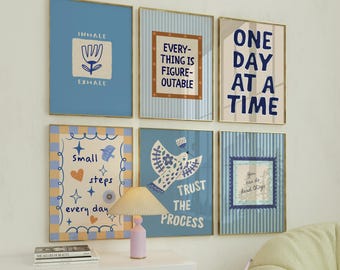 6 muurkunstposters geestelijke gezondheid: inspirerende citaten, trendy handgetekende posters (digitale download)