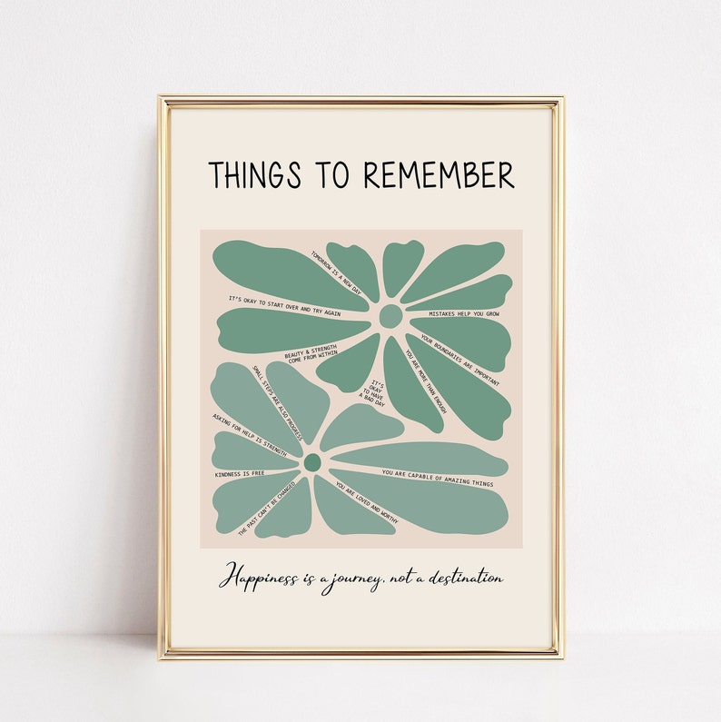 Op de afbeelding: Een printable wandposter met een groen bloemmotief en de tekst "Things to Remember" en "Happiness is a journey, not a destination". De poster toont een groene bloem met meerdere bloemblaadjes, elk met een positieve bevestiging.