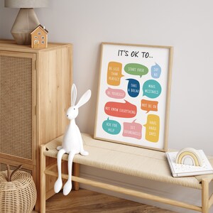 Puede incluir: Un p&oacute;ster colorido con el texto "It's OK to..." y una serie de globos de di&aacute;logo con frases como "Be Less Than Perfect", "Start Over", "Say No", "Take a Break", "Make Mistakes", "Be Yourself", "Not Be OK", "Not Know Everything", "Ask for Help", "Set Boundaries", y "Have Hard Days".
