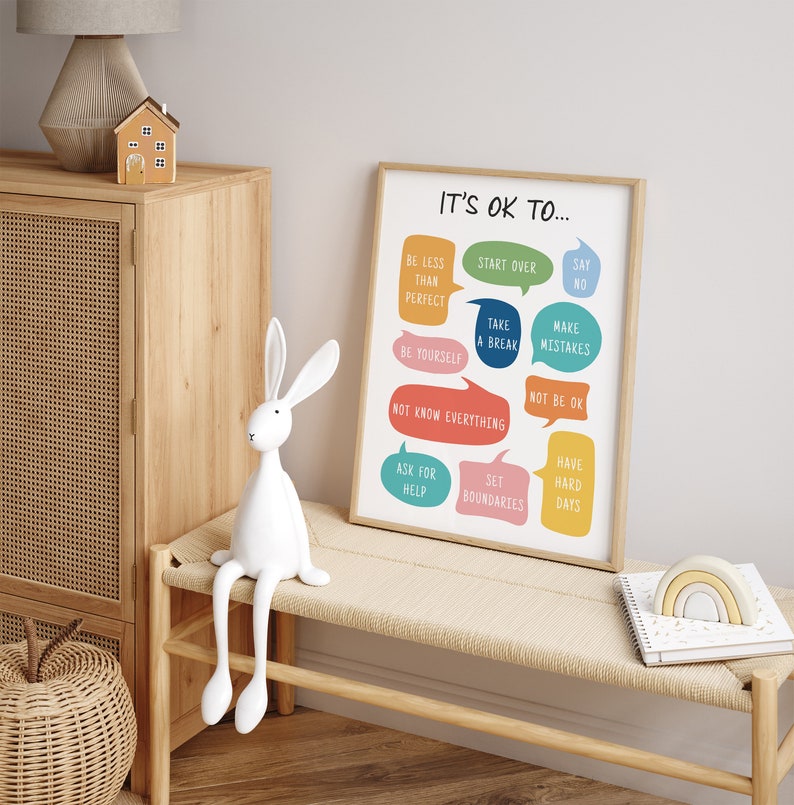 Puede incluir: Un p&oacute;ster colorido con el texto "It's OK to..." y una serie de globos de di&aacute;logo con frases como "Be Less Than Perfect", "Start Over", "Say No", "Take a Break", "Make Mistakes", "Be Yourself", "Not Be OK", "Not Know Everything", "Ask for Help", "Set Boundaries", y "Have Hard Days".