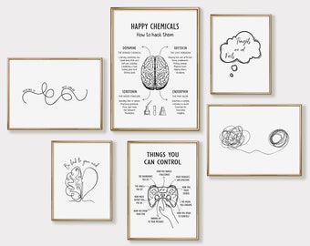 Puede incluir: Conjunto de 6 impresiones de arte de pared imprimibles en blanco y negro con citas motivacionales e ilustraciones relacionadas con la salud mental y el bienestar. Las impresiones presentan un cerebro, un corazón, una línea enredada, un mando de juego y una burbuja de pensamiento.