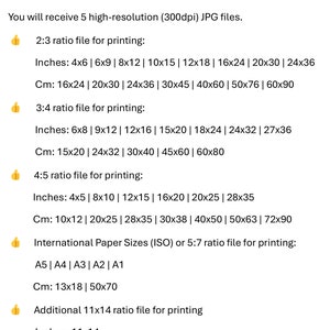 May include: A white graphic with the text "SIZES YOU CAN PRINT" and print size options in inches and centimeters. Includes 2:3, 3:4, 4:5, and 5:7 ratios, plus international paper sizes A5-A1. The image provides various print sizes.