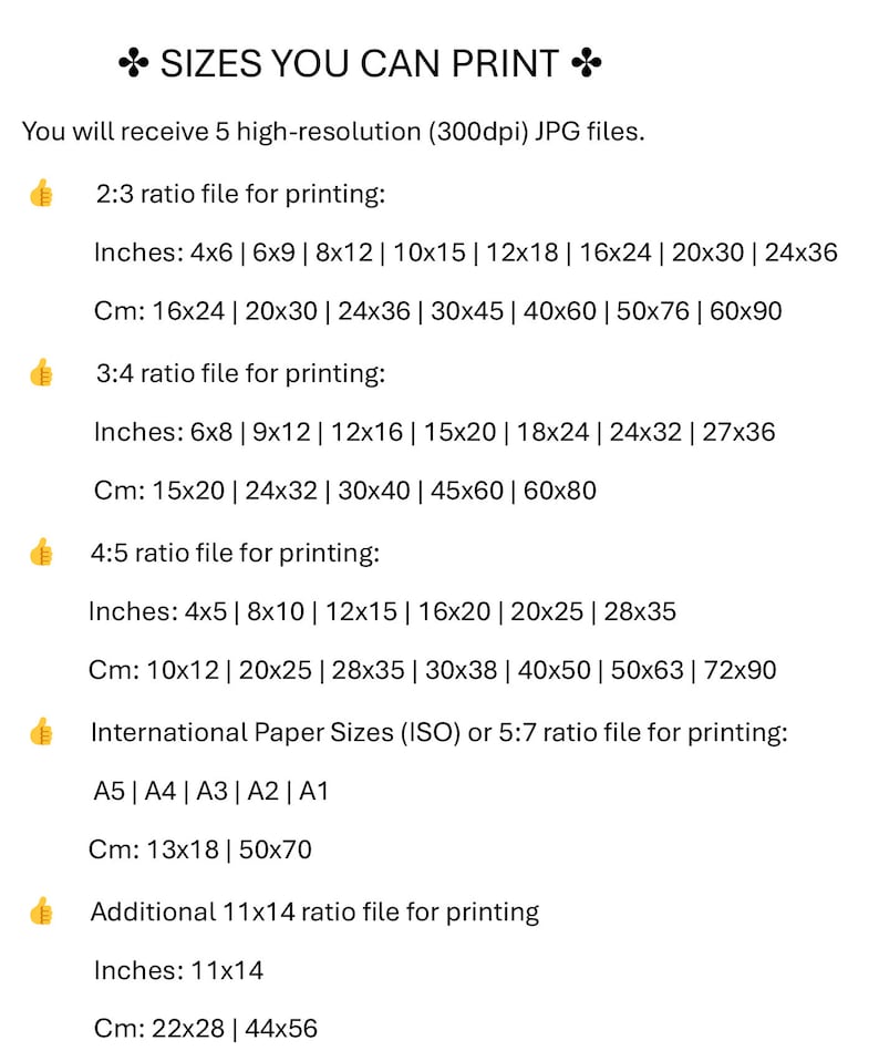 May include: A white graphic with the text "SIZES YOU CAN PRINT" and print size options in inches and centimeters. Includes 2:3, 3:4, 4:5, and 5:7 ratios, plus international paper sizes A5-A1. The image provides various print sizes.