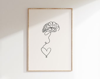 Brain and Heart Poster, Mental Health Wall Art Black, Therapy Office Decor, Counselor Office, Psychology Art Print, Heart & Brain Bound