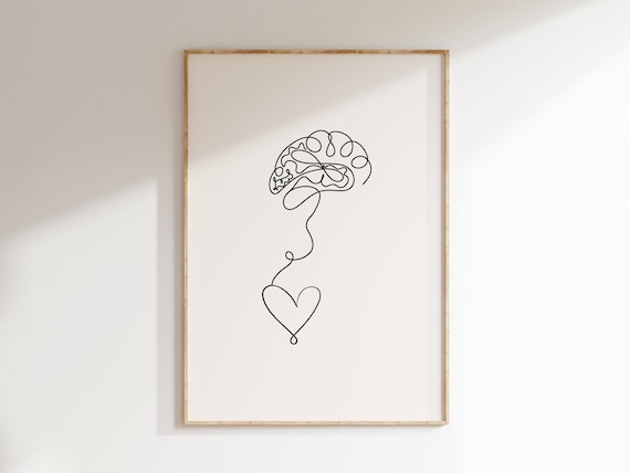 Brain and Heart Poster, Mental Health Wall Art Black, Therapy Office Decor, Counselor Office, Psychology Art Print, Heart & Brain Bound